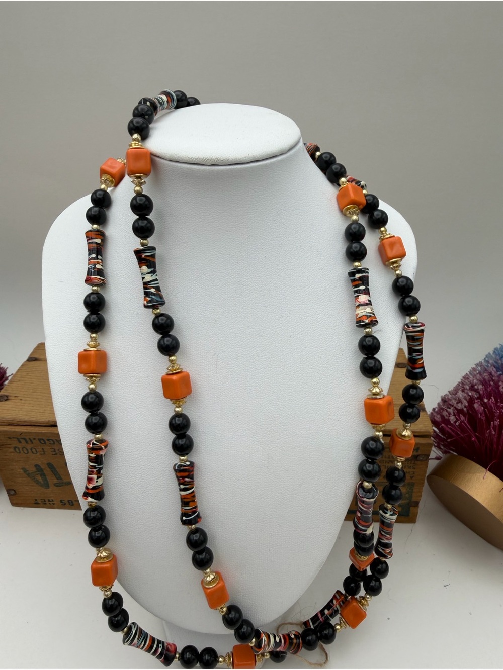 Vintage Handcrafted Black & Orange Beaded Halloween Necklace